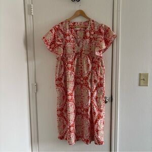 Maeve by Anthropologie Red Floral V-Neck Dress Women’s Size Large Short Sleeve